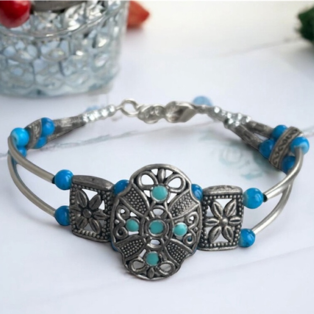 Vintage Silver Cuff Bracelet Handmade Hand Crafted Jewelry Blue Green Turquoise - Picture 2 of 16